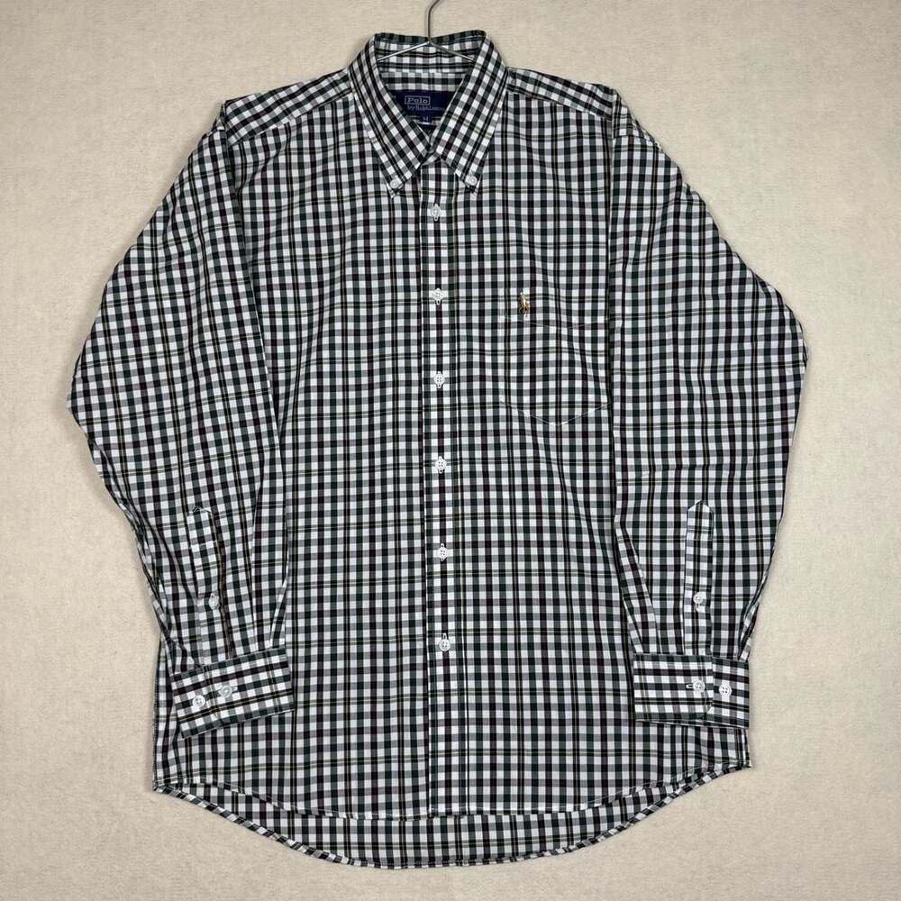 Vintage Polo Ralph Lauren Shirt Mens M Button Down Black Gingham Plaid Cotton